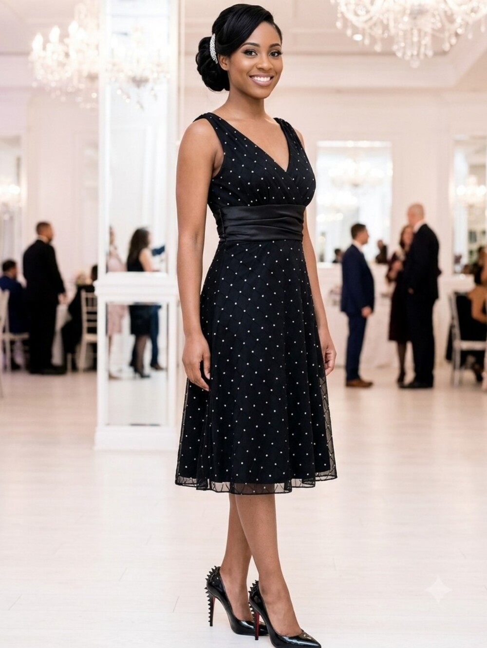CUTE Jessica💋Black V-Neck A-Line Midi Dress with Silver Sparkles Sz 8
